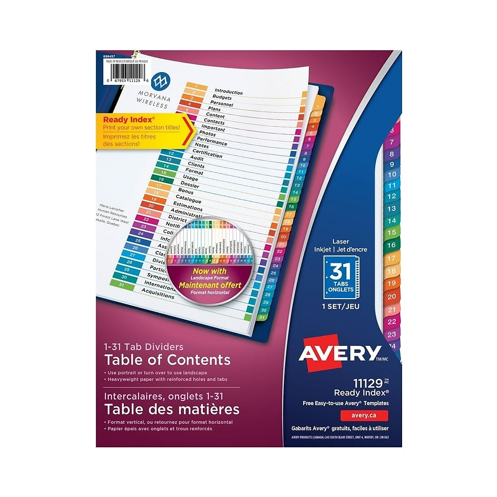 Avery Ready Index 1-31  Table of Content Dividers for Laser and Inkjet Printers - 31 Tabs - Multi-Colour