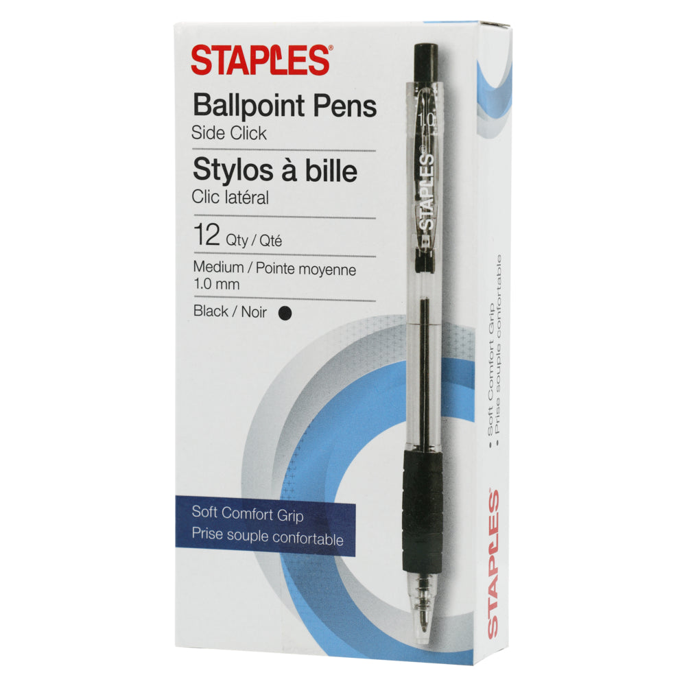 Stylos à bille Staples Side Click - Moyen 1,0 mm - Encre noire - Paquet de 12