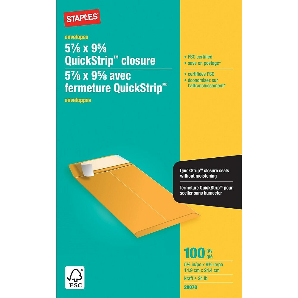 Enveloppes pour catalogue Staples Kraft avec fermeture QuickStrip - 5-7/8" x 9-5/8" - Marron - Paquet de 100