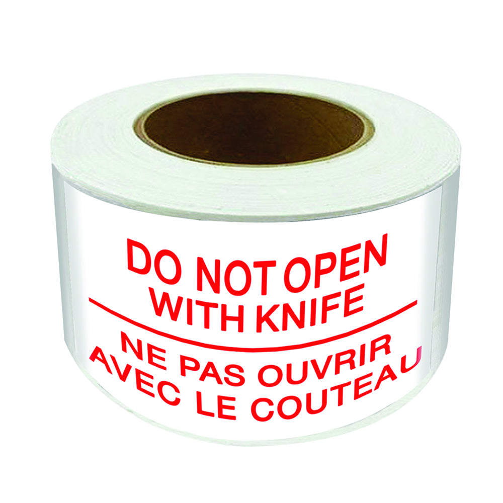 Étiquettes découpées SPC « Ne pas ouvrir avec un couteau » - Rouge/Blanc - 3" x 5" - 500/rouleau