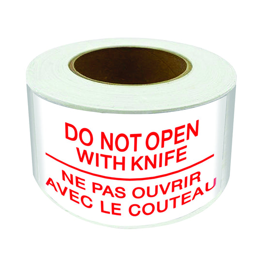 SPC 'Do Not Open With Knife' Die Cut Labels - Red/ White - 3" x 5" - 500/Roll