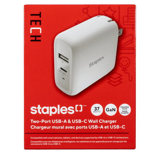 Staples GaN USB-A/USB-C Wall Charger - 37W - White