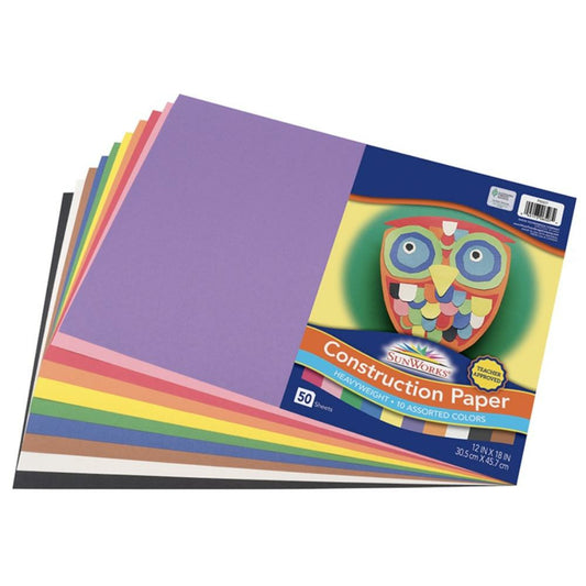 Papier de construction SunWorks, 10 couleurs assorties, 30,5 cm x 45,7 cm, 50 feuilles/paquet.