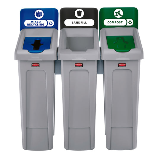 Rubbermaid Slim Jim 3-Stream Recycling Station - Landfill/Paper/Bottles Cans