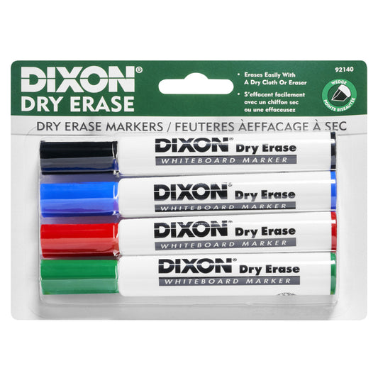 Marqueurs effaçables à sec Dixon – Pointe biseautée – Assortiment – ​​Paquet de 4