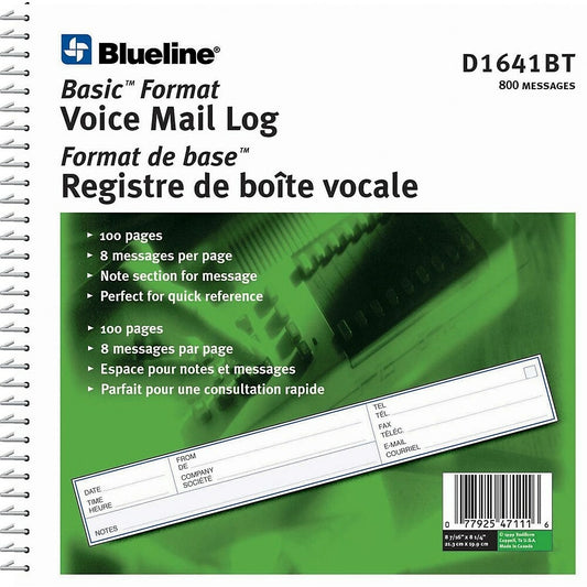 Blueline Voice Mail Log Book, 8-7/16" x 8-1/4", 800 Messages, Bilingual