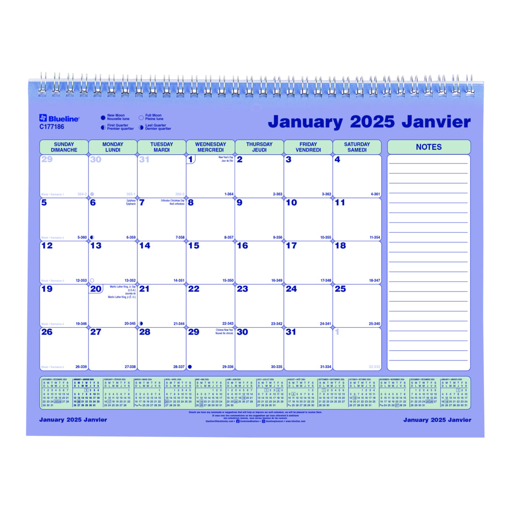 Calendrier mural mensuel Blueline 2025 - 11" x 8-1/2" - Bilingue