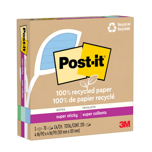 Post-it 100% Recycled Super Sticky Notes - 4" x 4" - Oasis Collection - Lined - 210 Sheets - 3 Pack