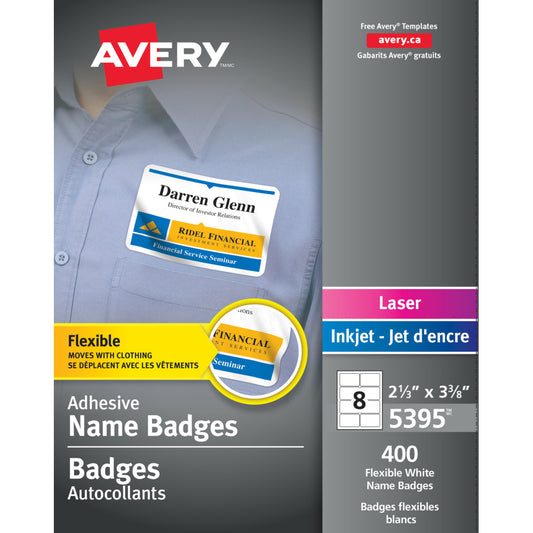 Étiquettes nominatives autocollantes Avery pour imprimantes laser/jet d'encre, blanches, paquet de 400
