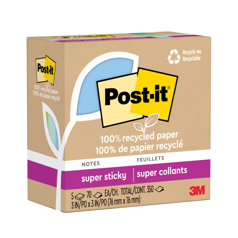 Post-it® Super Sticky Notes 100 % recyclées - 7,6 x 7,6 cm - Collection Oasis - 370 feuilles - Paquet de 5