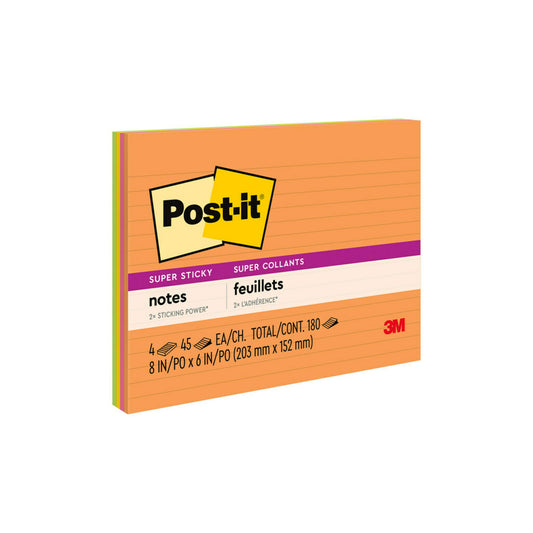 Notes Post-it Super Sticky - 8" x 6" - Collection Energy Boost - Lignées - 180 feuilles - Paquet de 4