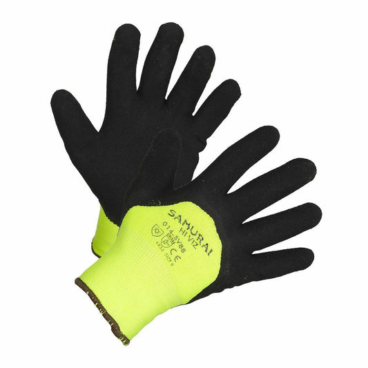 Samurai Black Nitrile Palm Coated Gloves - Hi-Vis Lime Nylon Liner - Terry Cloth Insulated - 2XL