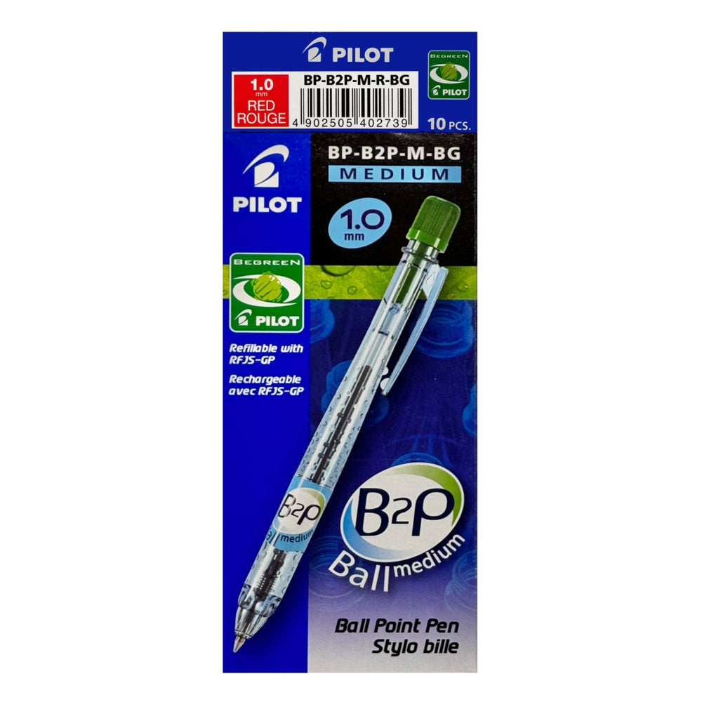 Pilot BeGreen B2P Bottle 2 Pen Retractable Ballpoint Pen - Medium Point - 1.0 mm - Red - 10 Pack