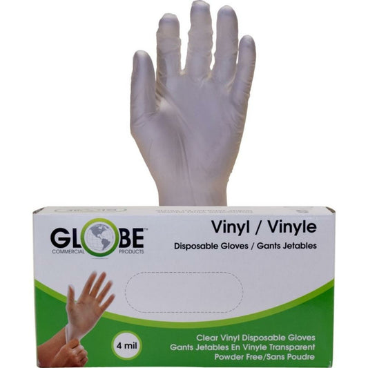 Gants médicaux Globe en vinyle non poudrés – 4 mil – Taille M – Transparent – ​​Paquet de 100