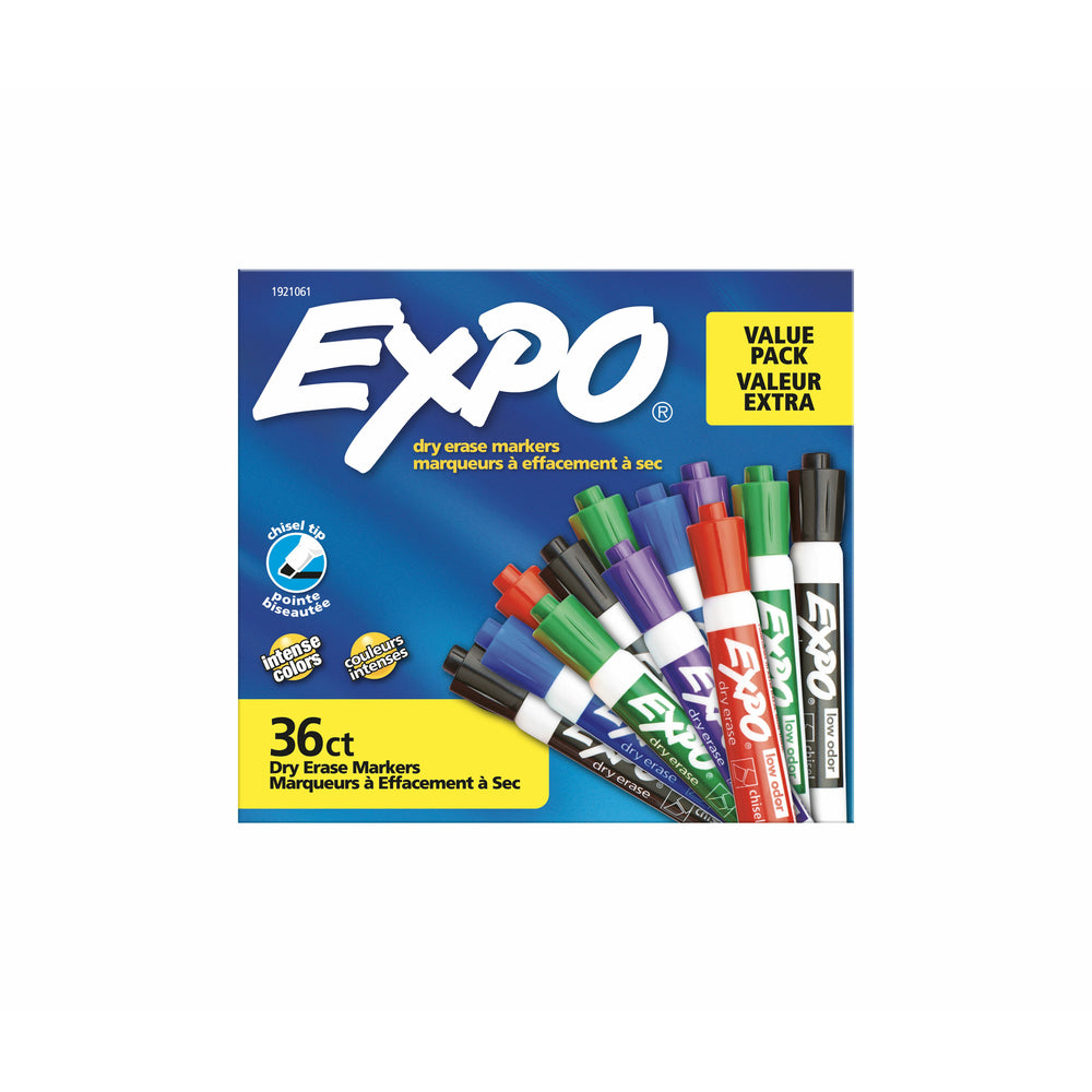 Marqueurs effaçables à sec Expo à faible odeur, pointe biseautée, assortis, paquet de 36