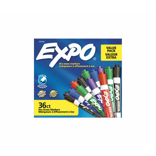 Marqueurs effaçables à sec Expo à faible odeur, pointe biseautée, assortis, paquet de 36