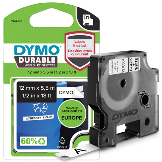 Cassette d'étiquettes durable DYMO D1, noir sur blanc, 12 mm x 5,5 m