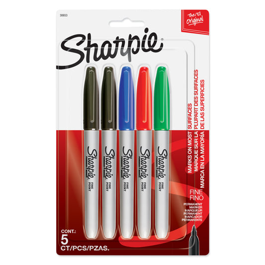 Marqueurs permanents Sharpie - Pointe fine - Couleurs assorties - Paquet de 5