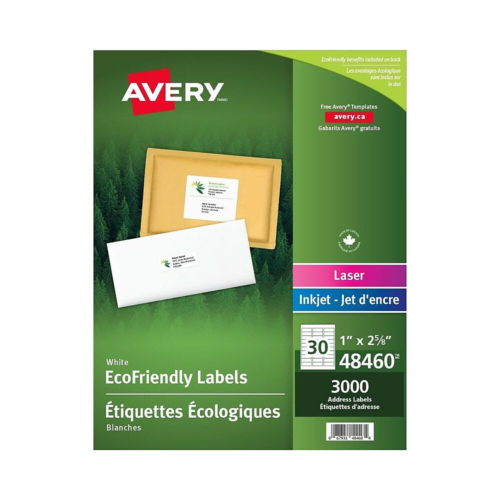 Étiquettes d'adresse Avery blanches écologiques pour imprimantes laser/jet d'encre, 2,5 cm x 6,5 cm, paquet de 3 000 (48460)