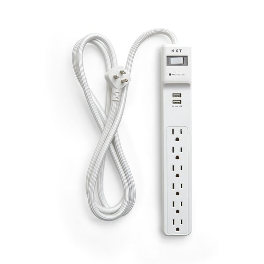 NXT Technologies NX54315-CA NX54315, 6-Outlet 2 USB Surge Protector, 6ft, 900 Joules, White
