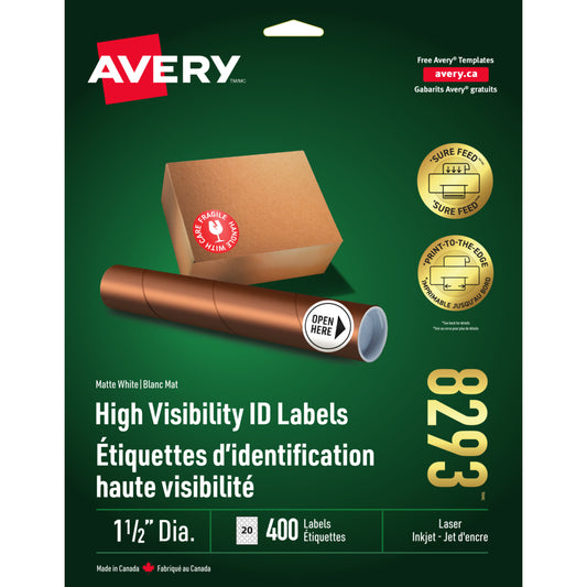 Étiquettes d'identification haute visibilité Avery, rondes, blanc mat, laser/jet d'encre, diamètre 1-1/2" - Paquet de 400