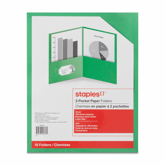 Porte-documents Staples à deux poches – Vert – Paquet de 10