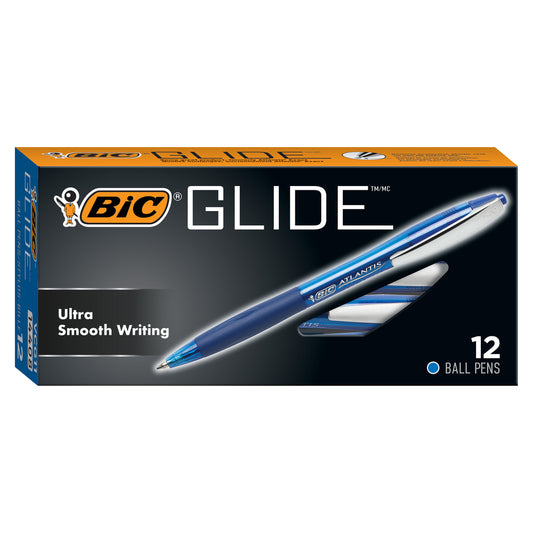 Stylos à bille BIC Glide Original - Rétractables - 1,0 mm - Bleu - Lot de 12