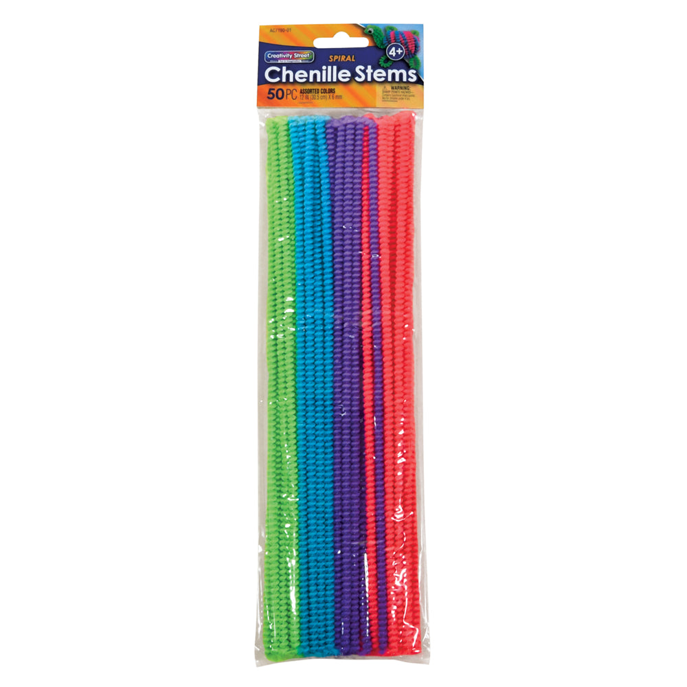 Dixon Creativity Street Spiral Chenille Stems - 12" x 6 mm - Assorted Colors - 50 Pack