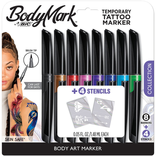 BodyMark by BIC Temporary Tattoo Marker - Flexible Brush Tip - Assorted Colours - 8 Pack