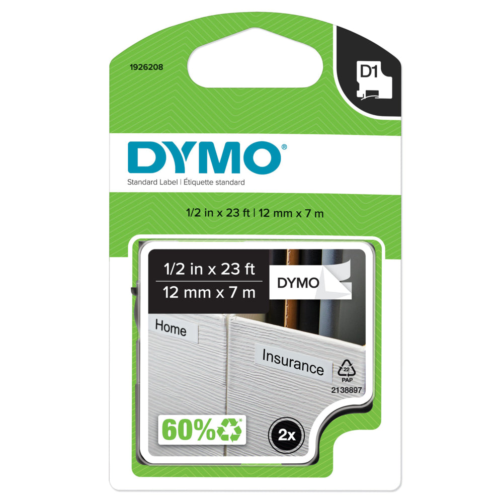 Ruban pour étiqueteuse DYMO D1, noir sur blanc, 12 mm, lot de 2