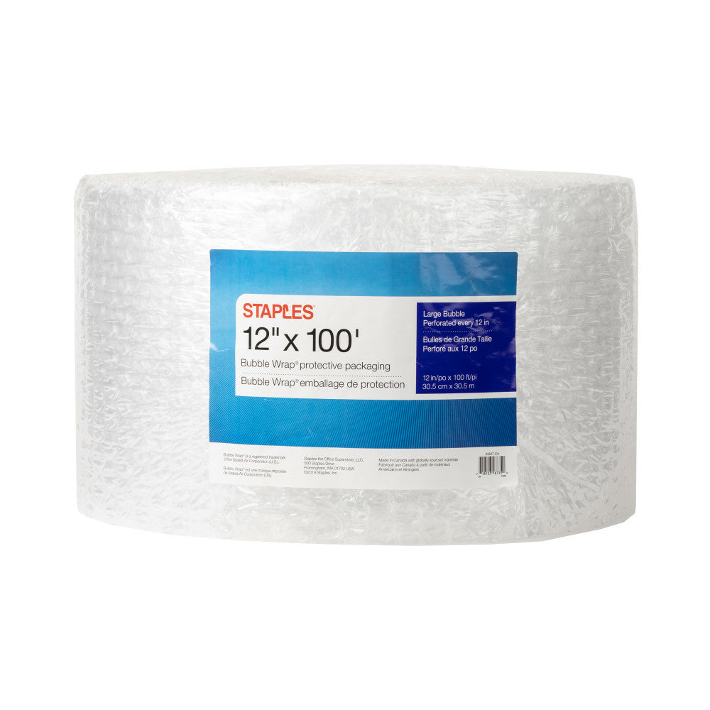 Rouleau de papier bulle Staples Premium, 30,5 cm x 30,5 m, bulles de 0,6 cm, transparent