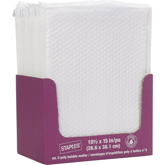 Staples QuickStrip Bubble Wrap Lined White Poly Protective Mailer - #5 - 10.5" x 15"