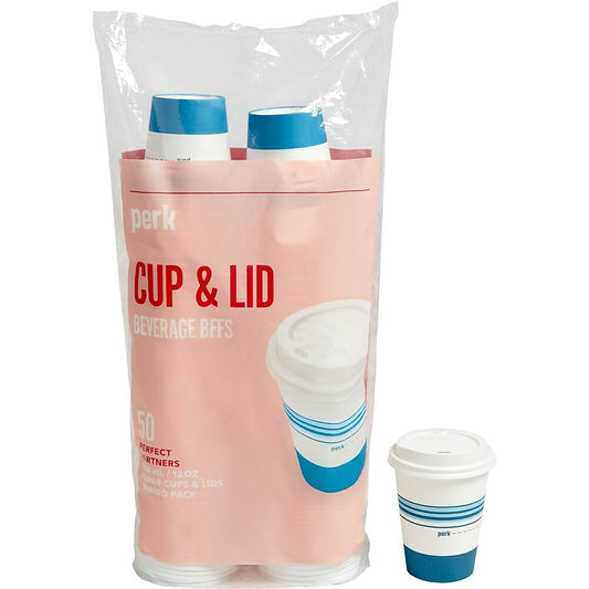 Ensemble gobelet et couvercle en papier Perk - 12 oz - Blanc bleu - Paquet de 50