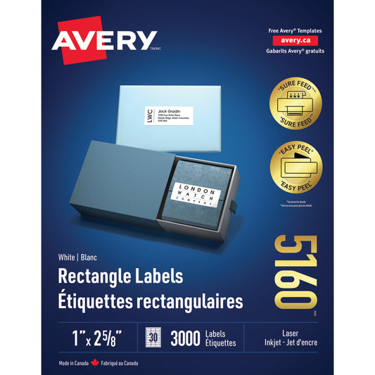Avery - Étiquettes d'adresse laser blanches faciles à décoller, 2 5/8 po x 1 po, 3 000/paquet (5160)