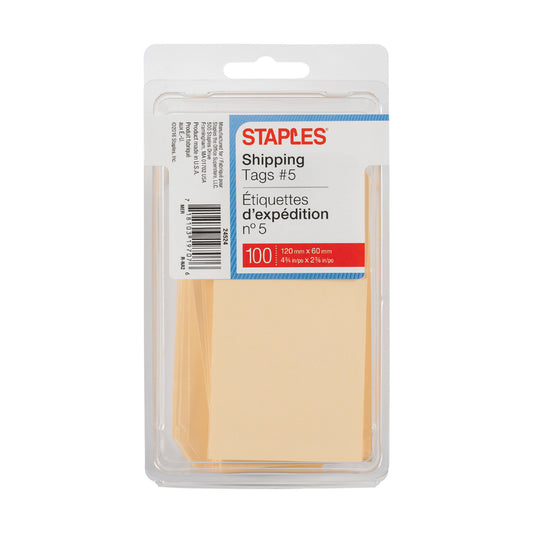 Staples Plain Shipping Tags, 4-3/4" x 2-3/8", Manila, 100 Pack
