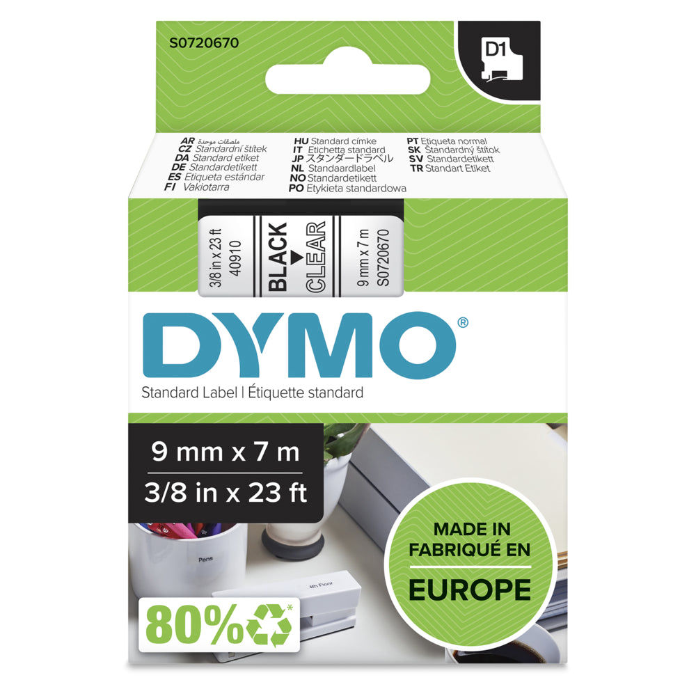 Ruban d'étiquettes DYMO D1, 9 mm (3/8"), noir sur transparent