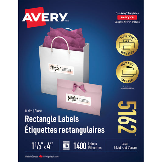 Étiquettes d'adresse Avery Easy Peel pour imprimantes laser/jet d'encre - 4" x 1-1/3" - Blanches - Paquet de 1400 (5162)