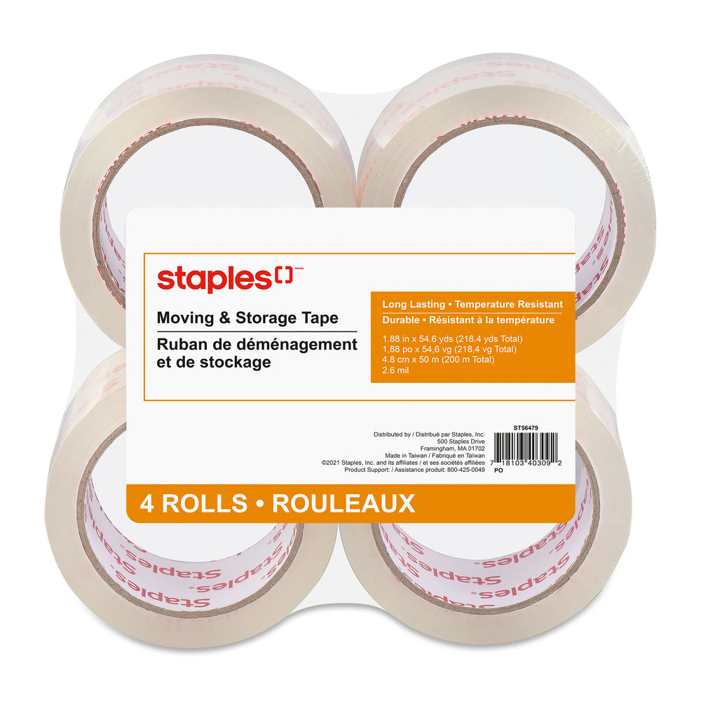 Ruban adhésif de démarrage rapide Staples, 48 ​​mm x 50 m, 2,6 mil, paquet de 4