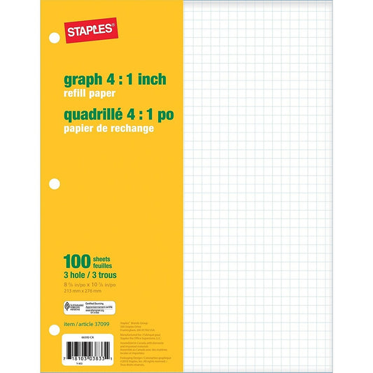 Staples Graph Refill Paper - Quad Ruled - 4:1 - 8-3/8" x 10-7/8" - White - 100 Sheets