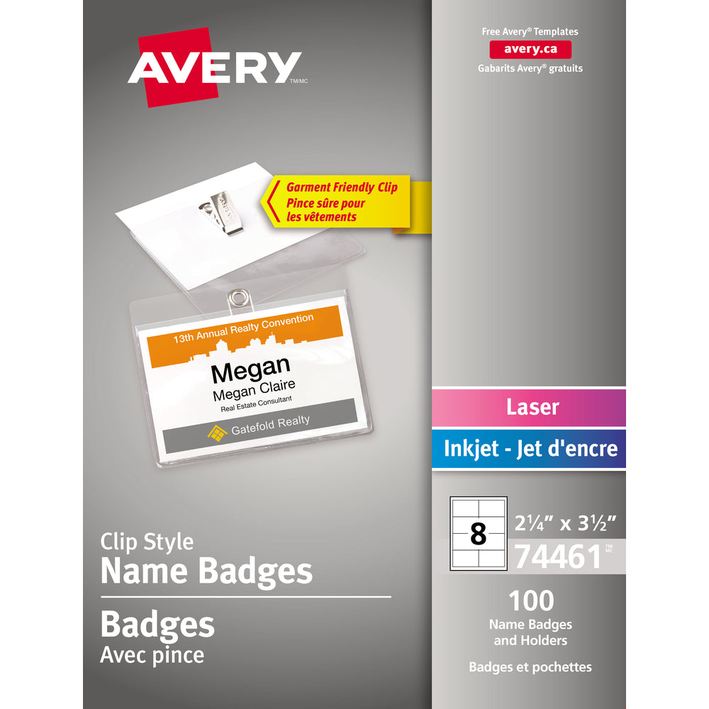 Badges nominatifs à clip Avery 74461, compatibles avec les vêtements, 5,4 cm x 8,9 cm, chargement par le haut, blancs, paquet de 100
