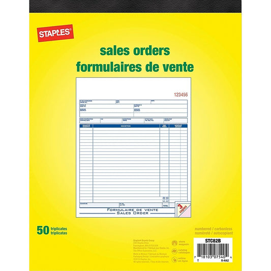 Staples Bilingual Sales Order Form - Triplicates - Carbonless - Staple Bound - 8" x 10" - 50 Forms