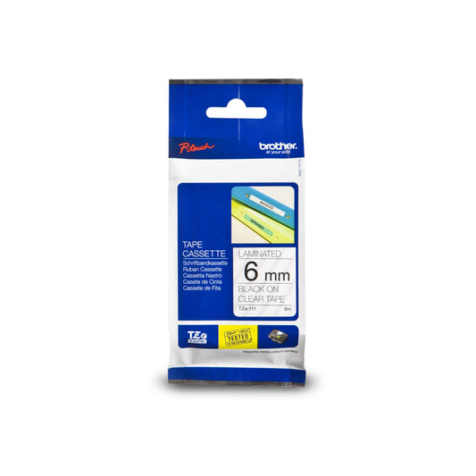 Ruban laminé noir sur transparent Brother TZe111 d'origine pour étiqueteuses P-touch, 6 mm de large x 8 m de long