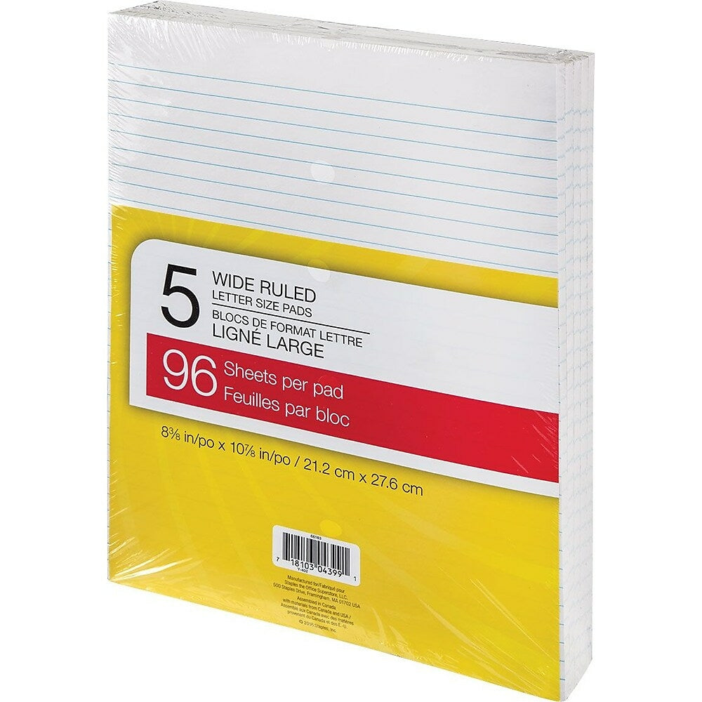 Bloc-notes - 8-3/8" x 10-7/8" - Larges lignes - Blanc - 96 feuilles - Paquet de 5