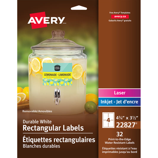 Étiquettes rectangulaires amovibles Avery blanches pour imprimantes laser/jet d'encre, 4-3/4" x 3-1/2", paquet de 32 (22827)