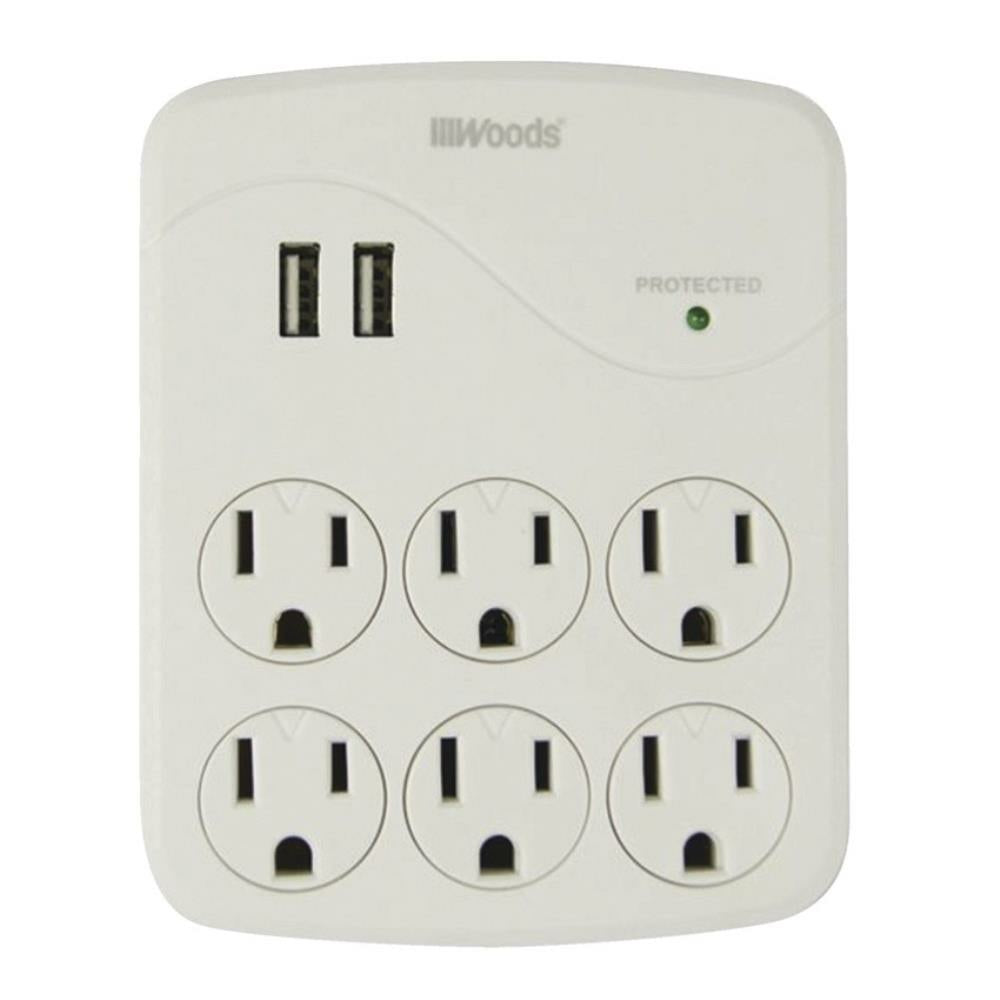 Parasurtenseur mural Woods à 6 prises et 2 ports USB