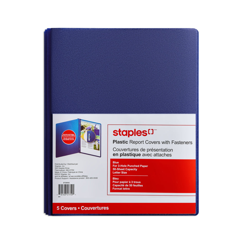 Protège-documents Staples à 3 attaches en polyéthylène – Bleu – Paquet de 5