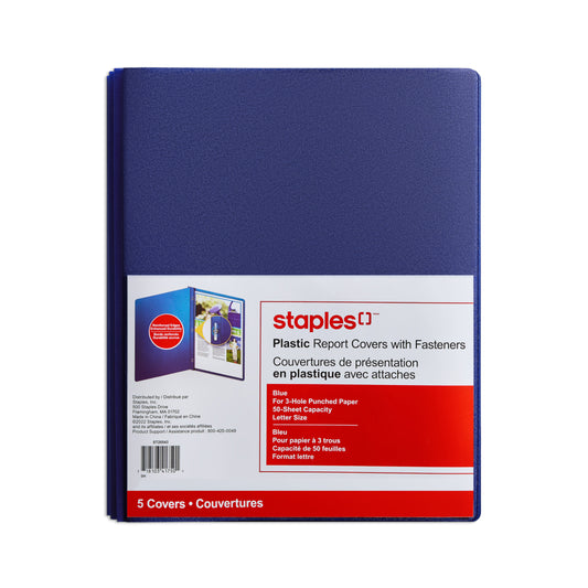 Protège-documents Staples à 3 attaches en polyéthylène – Bleu – Paquet de 5