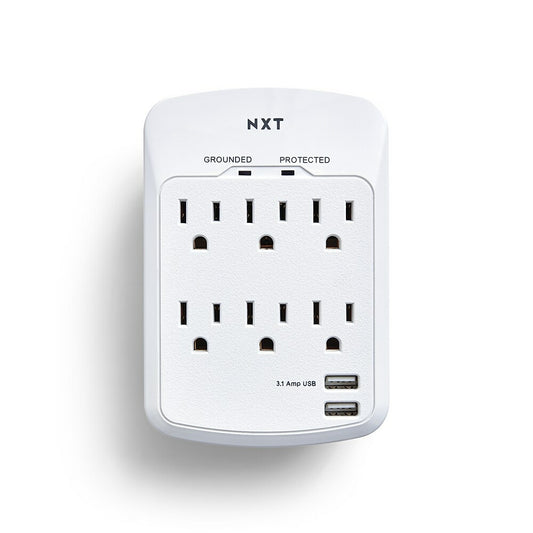 NXT Technologies NX54321-CA NX54321, 6-Outlet 2 USB Wall Tap, 1200 Joules, White