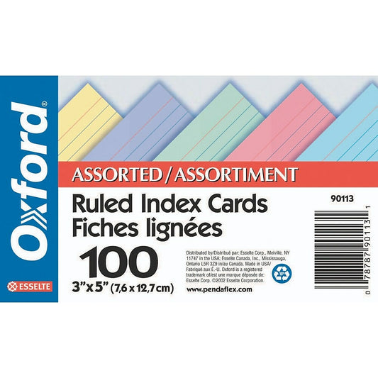 Oxford Ruled Index Cards, 3 x 5, Assorted Colours, 100 Pack