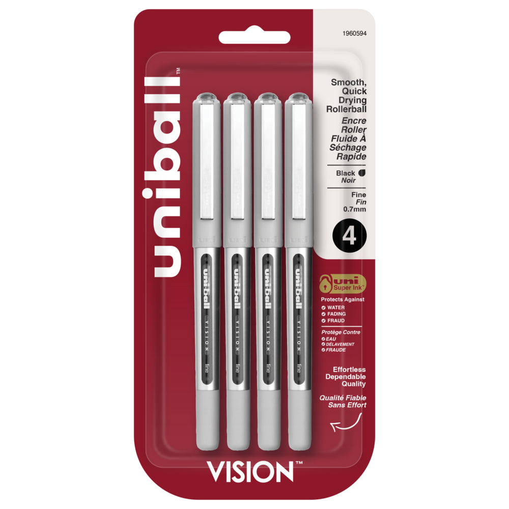 uni-ball Vision Rollerball Pens - Fine Point (0.7mm) - Black - 4 Pack